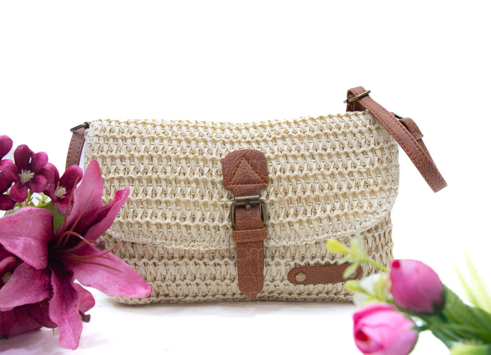 Sac bandoulière rectangulaire effet Raphia - Beige / Finitions Marron