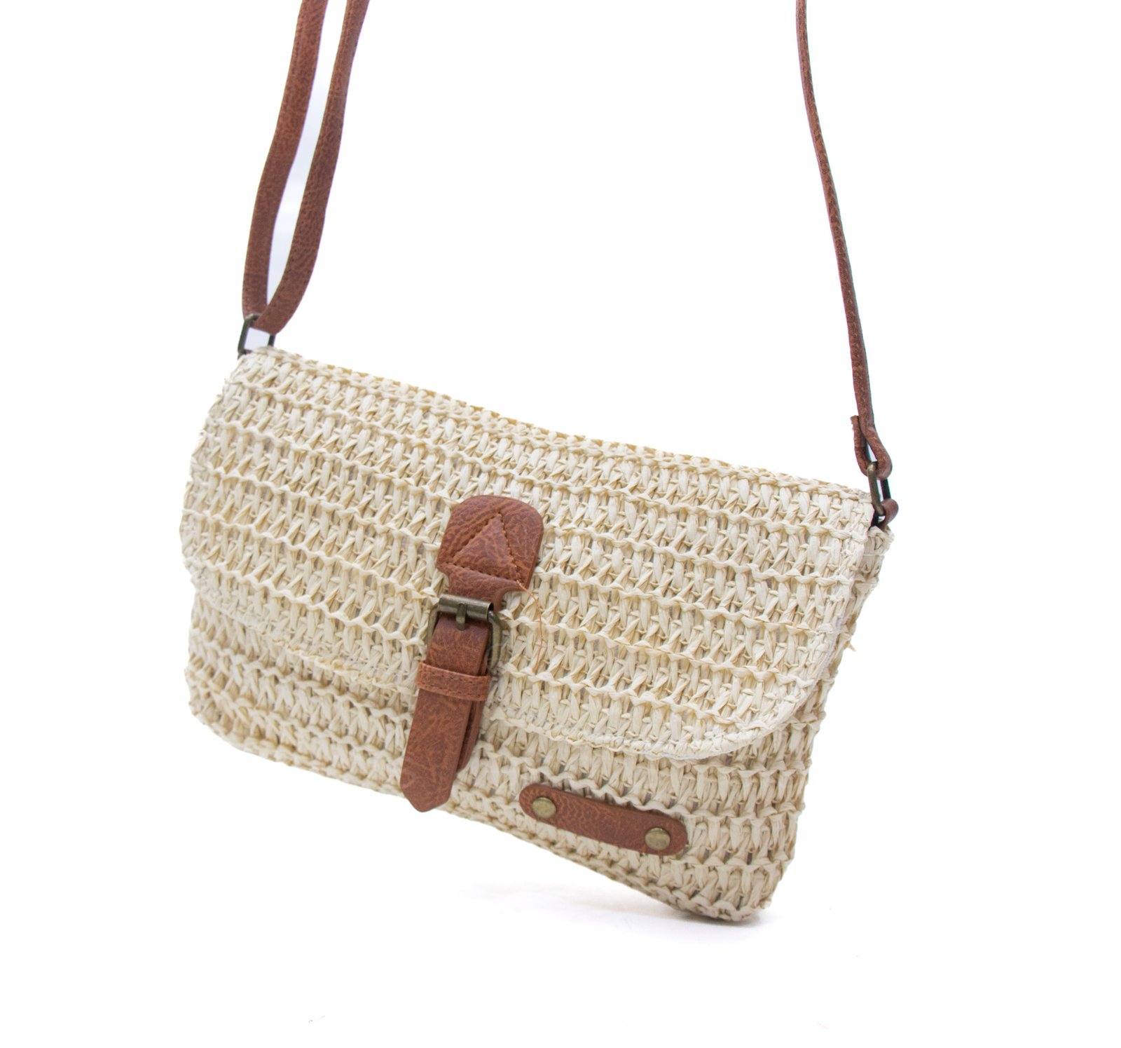 Sac bandoulière rectangulaire effet Raphia - Beige / Finitions Marron – Image 2