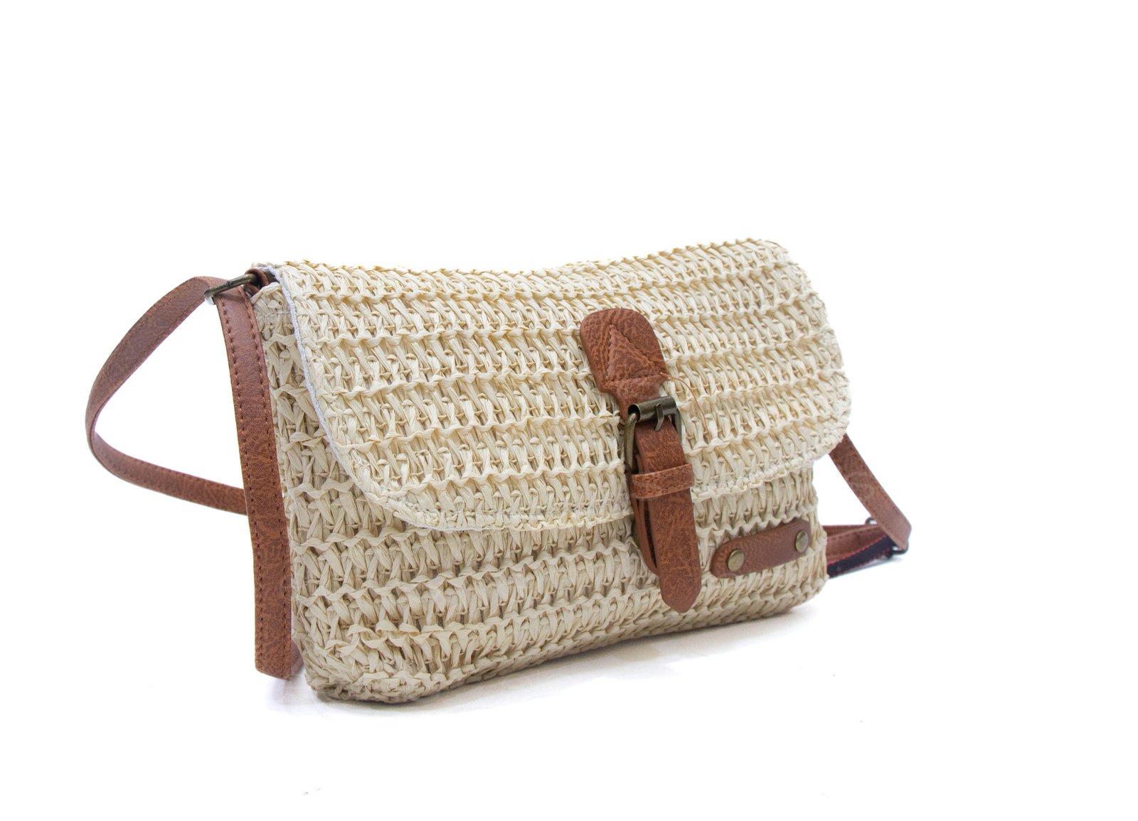 Sac bandoulière rectangulaire effet Raphia - Beige / Finitions Marron – Image 3