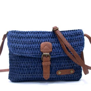 Sac bandoulière rectangulaire effet Raphia  - Bleu roi / Finitions Marron
