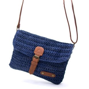 Alternative view of Sac bandoulière rectangulaire effet Raphia  - Bleu roi / Finitions Marron