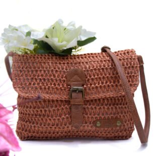 Sac bandoulière réctangulaire effet Raphia  - Brique / Finitions Marron