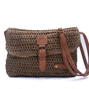 Sac bandoulière rectangulaire effet Raphia  - Marron foncé / Finitions Marron