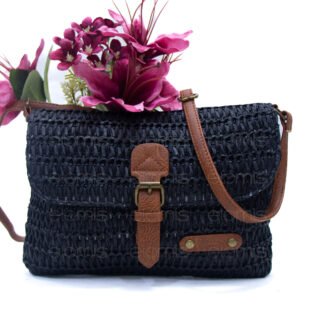 Sac bandoulière rectangulaire effet Raphia  - Noir / Finitions Marron