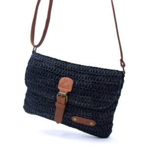 Alternative view of Sac bandoulière rectangulaire effet Raphia  - Noir / Finitions Marron