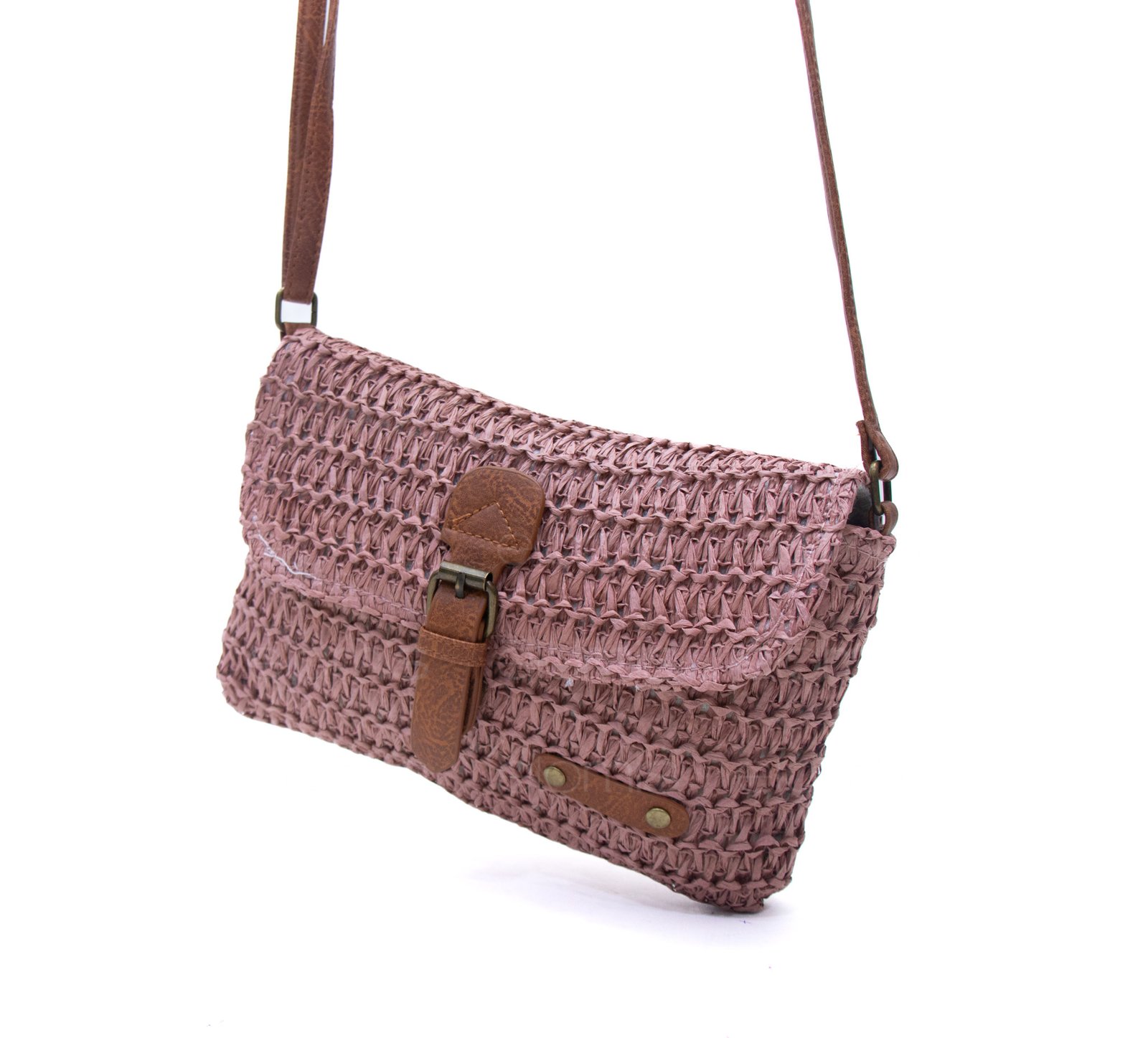 Sac bandoulière rectangulaire effet Raphia - Rose foncé / Finitions Marron – Image 2