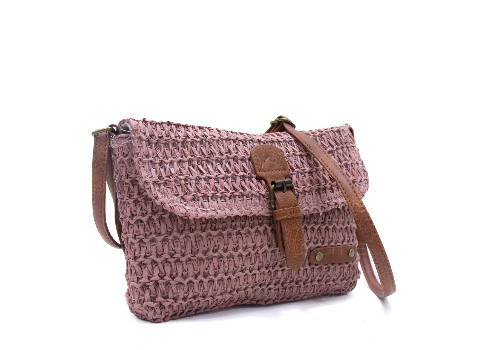 Sac bandoulière rectangulaire effet Raphia - Rose foncé / Finitions Marron – Image 3