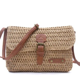 Sac bandoulière rectangulaire effet Raphia  - Taupe foncé / Finitions Marron