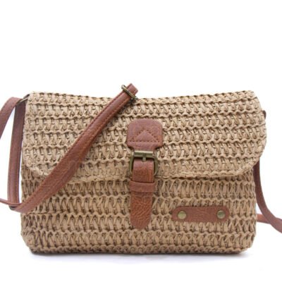 Sac bandoulière rectangulaire effet Raphia - Taupe foncé / Finitions Marron