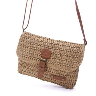 Alternative view of Sac bandoulière rectangulaire effet Raphia  - Taupe foncé / Finitions Marron