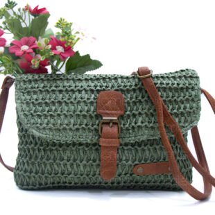 Sac bandoulière rectangulaire effet Raphia  - Vert/ Finitions Marron