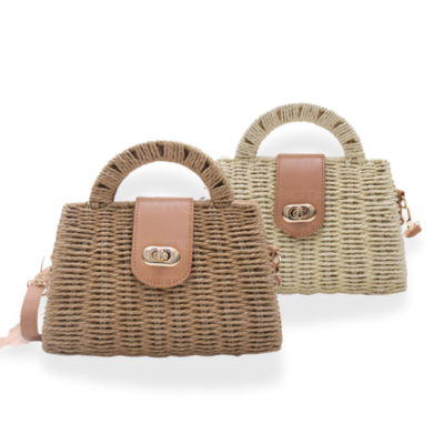 Petit sac à main avec boucle effet raphia souple - Finitions marron