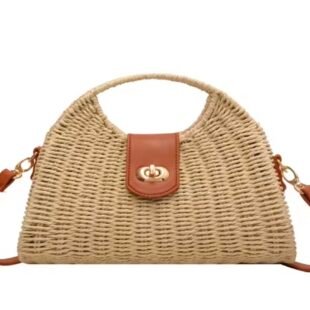 Sac à main Trapèze rectangulaire Tressé avec boucle - beige clair / finitions marron