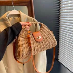 Sac à main Trapèze rectangulaire Tressé avec boucle - Taupe / finitions marron