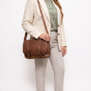 Alternative view of Sac bandoulière effet cartable vintage – Marron foncé boisé